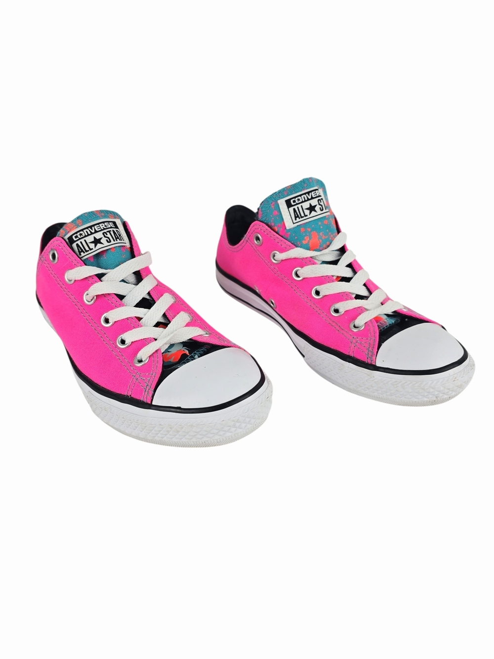 Converse Chuck Taylor Double Tongue Neon Pink Teal Splatter Low Top- Women's 6